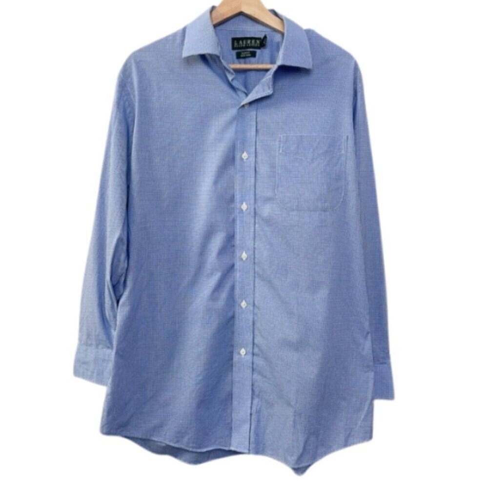 Lauren Ralph Lauren Mens 16 1/2 Slim Fit Non Iron Plaid Blue Button Dress Shirt